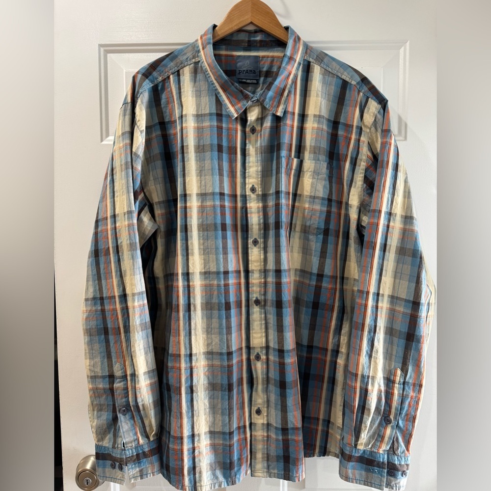 PrAna Shirt Men's Button Down Long Sleeve Plaid Size XX-Large Organic Cotton